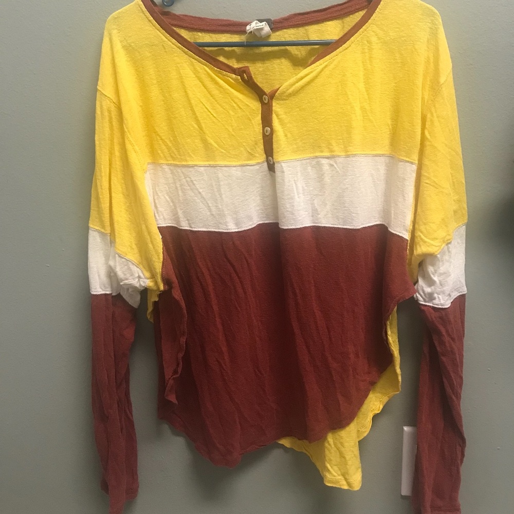 We the Free from Free People Long Sleeve Henley Top Mustard/White/Maroon